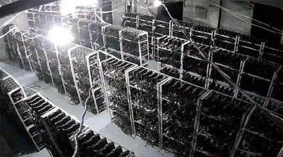 A modern mining farm setup highlighting the organized rows of mining rigs.