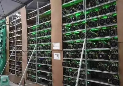 Extensive mining farm with rows of Bitcoin miners in operation
